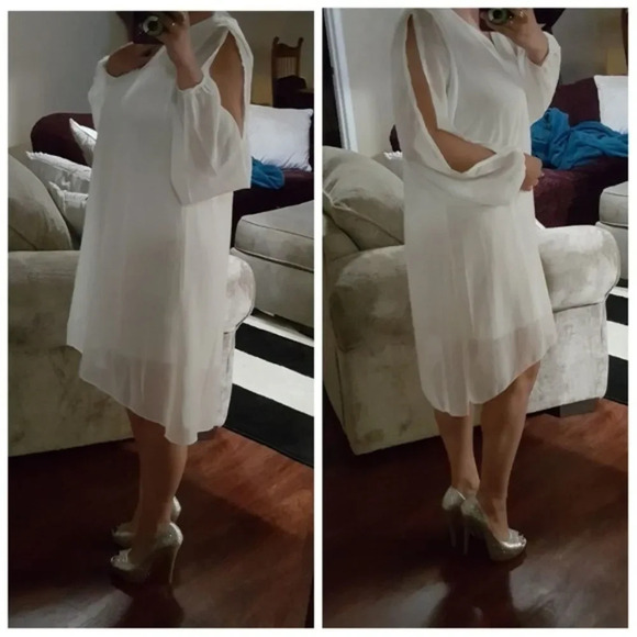 AMARYLLIS | Vneck High-low White cold sleeve dress - Picture 1 of 8